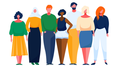 Stylized illustration of people standing together.