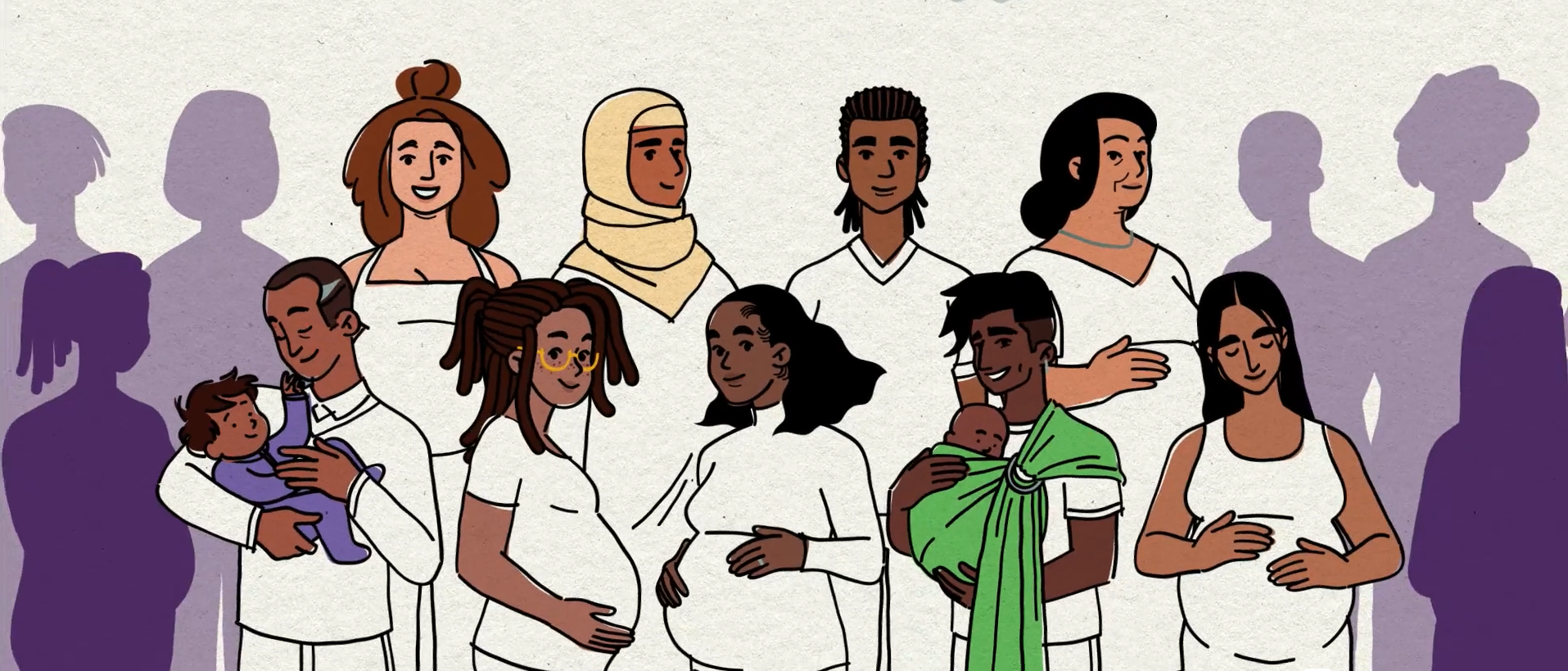 A variety of people of color of different ages and stages in the pregnancy and child caregiving process