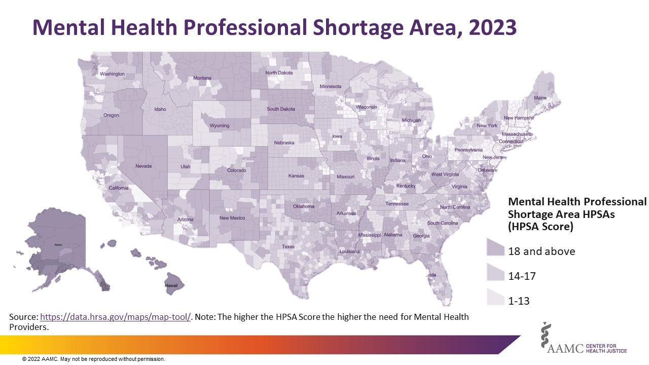 A map of the United States showing the Mental Health Professional Shortage Area Score by county.