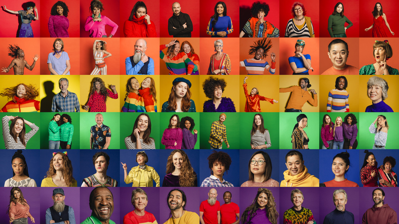 A rainbow pride flag collage with many portraits of diverse LGBTQ+ people