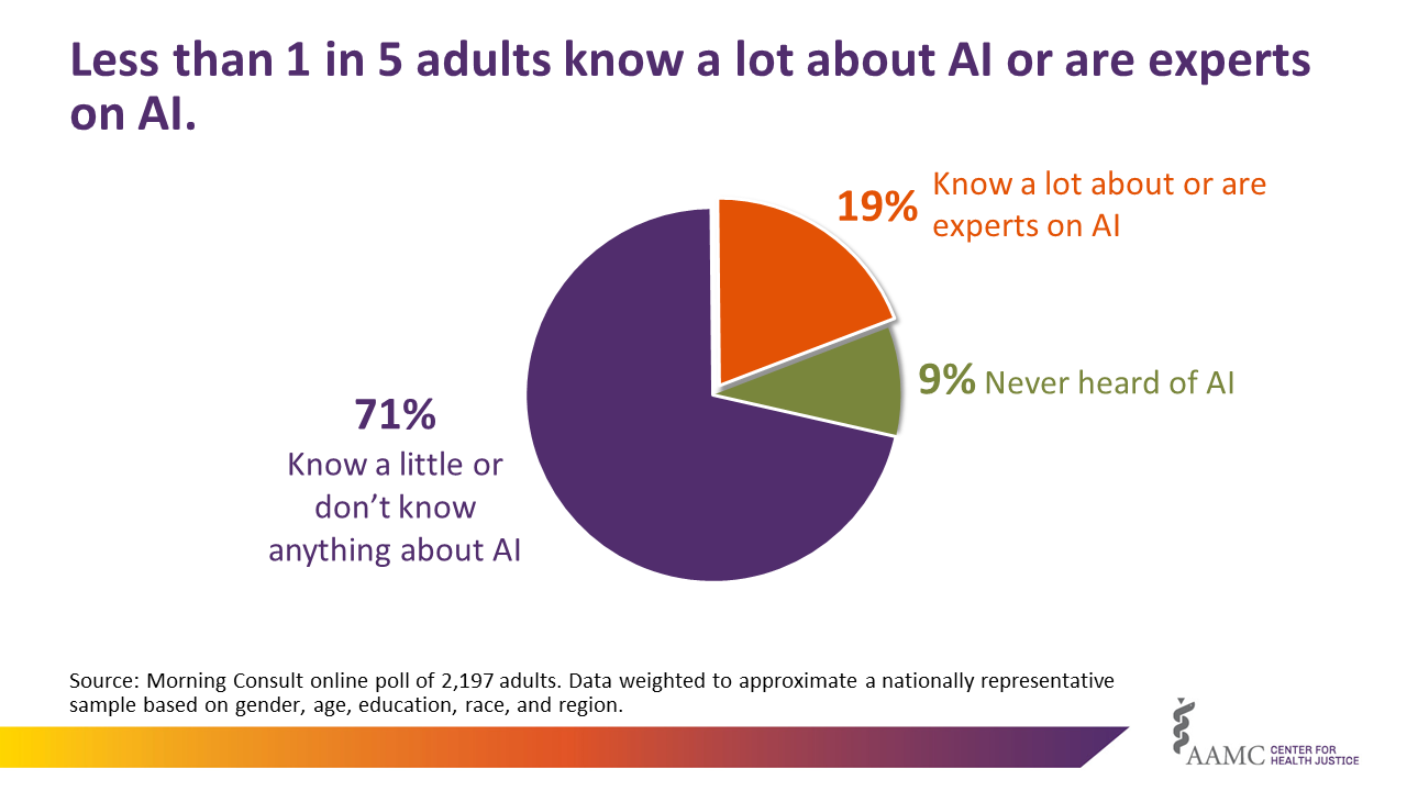 Less than 1 in 5 adults know a lot about AI or are experts on AI. 71% know a little or don't know anything, 19% know a lot or are experts, and 9% have never heard of AI.