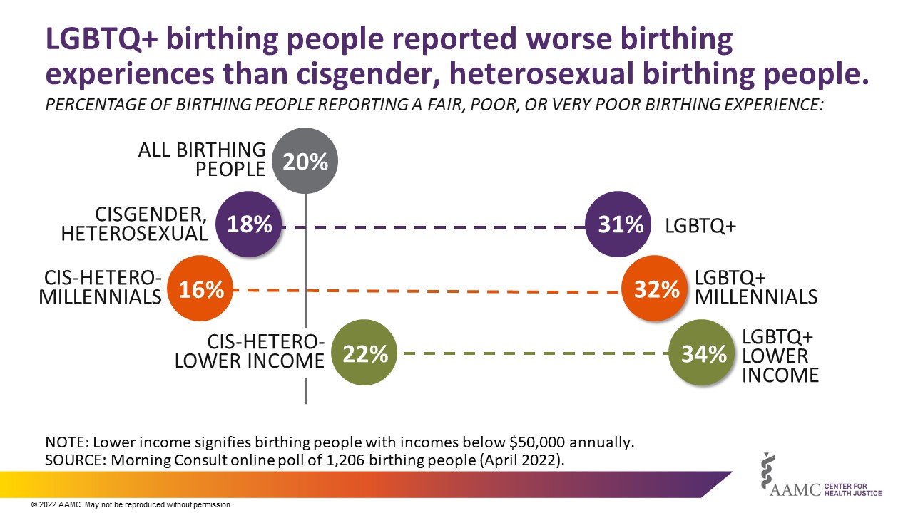 LGBTQ+ birthing people reported worse birthing experiences than straight birthing people.