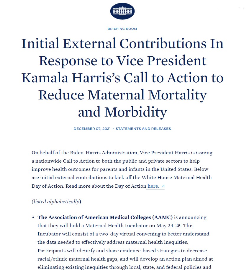 Screenshot of VP Harris's Call to Action Initial External Contributions on White House website