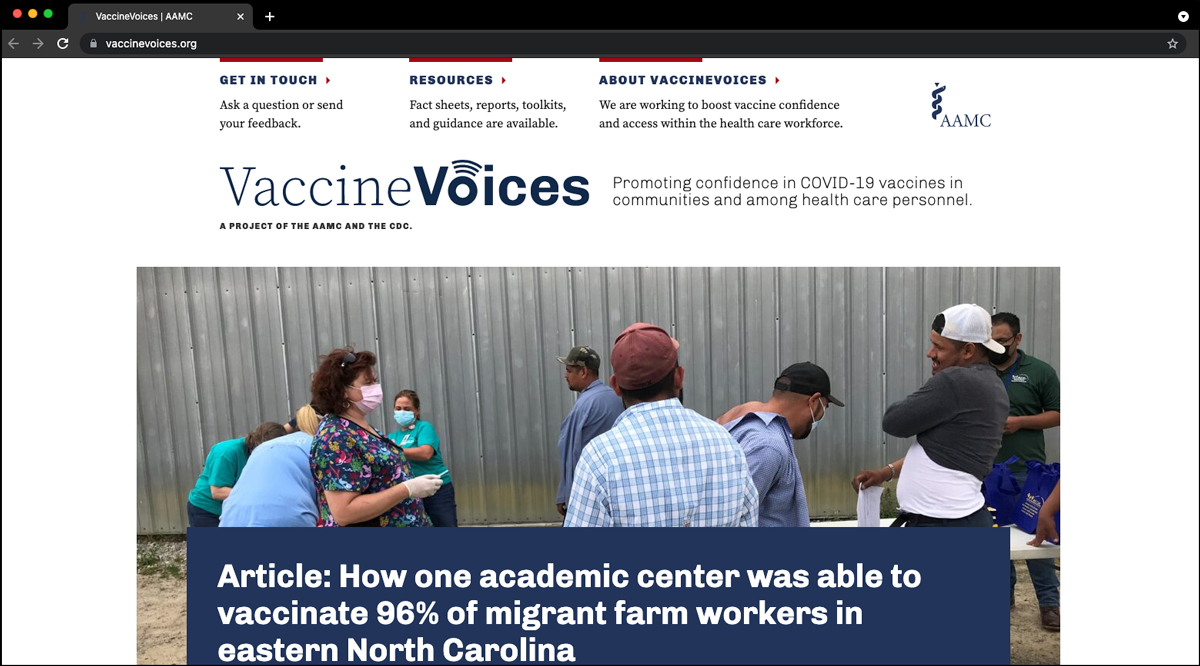 Screenshot of the VaccineVoices website