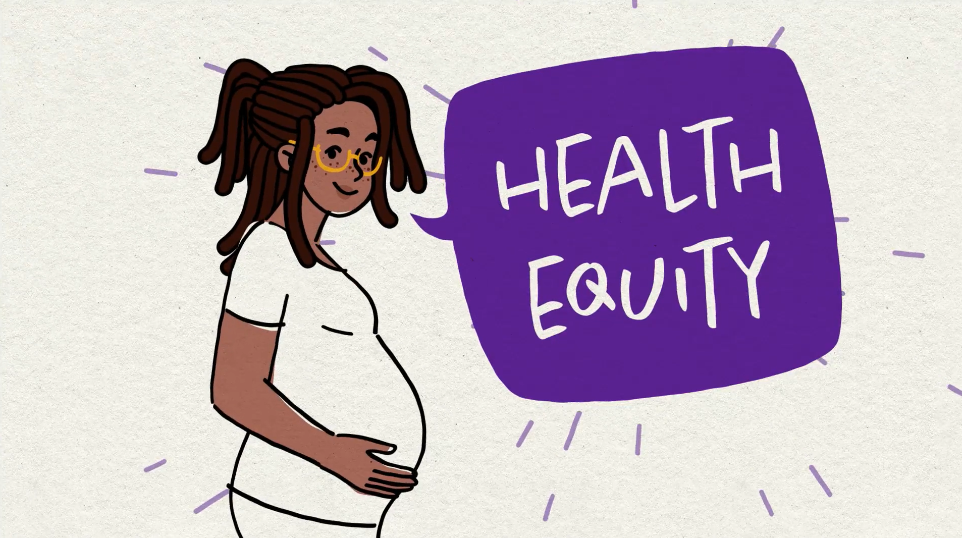 An illustrated smiling pregnant person with a speech bubble that says Health Equity