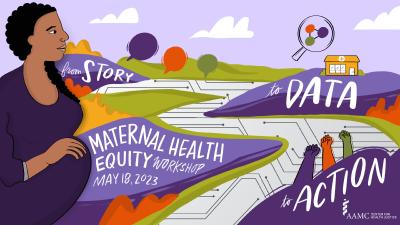 MH Story Data Action A pregnant person with brown skin and long curly black hair holding their belly looking out over a landscape with speech bubbles, a magnifying glass, a hospital, computer chips, and raised fists.