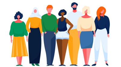 Homepage Illustration Stylized illustration of people standing together.