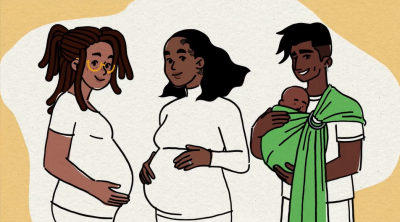 Illustration of three people with brown skin posing together and smiling. One has dreadlocks and is pregnant, one has wavy hair and is pregnant, and the last has short hair and an earring and holds a baby in a sling.