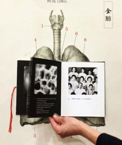 Art piece from Silent Anatomies. A hand holds up a book of old photos of people and microscope slide in front of a medical illustration of lungs labeled Metal Lungs and some Chinese calligraphy.