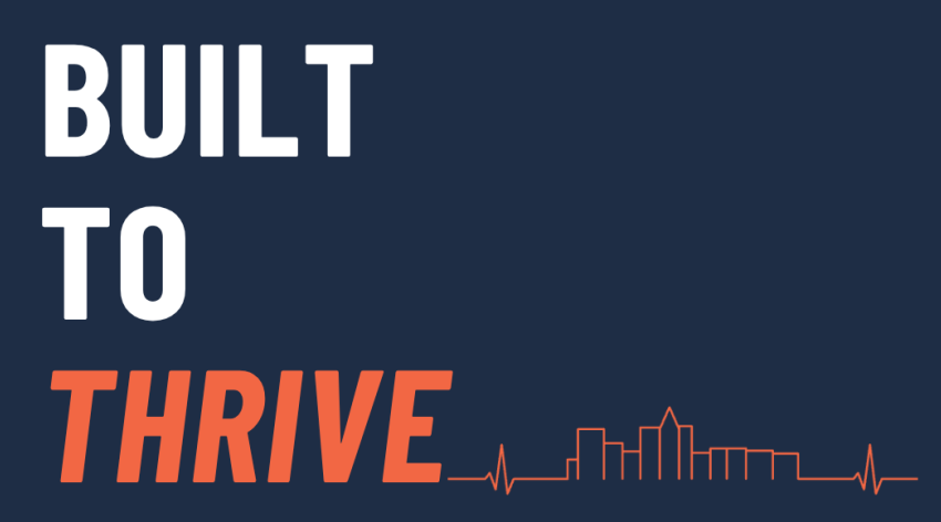 Built to thrive. An EKG line turns into a city skyline.
