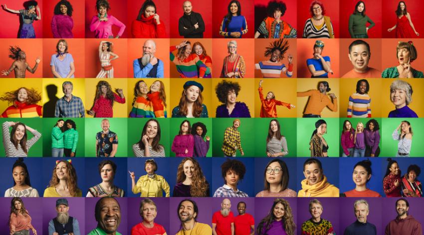 A rainbow pride flag collage with many portraits of diverse LGBTQ+ people