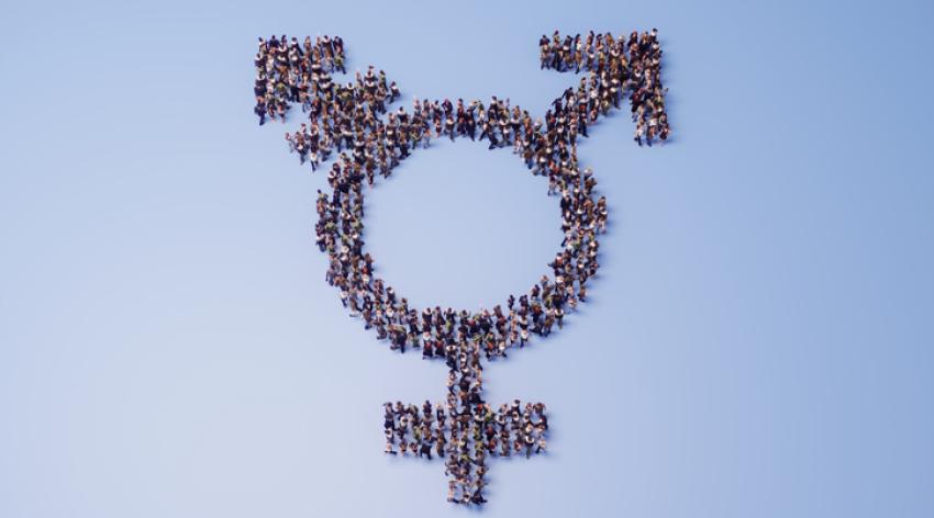 A transgender symbol made up of people standing together, photographed from above on a blue background.